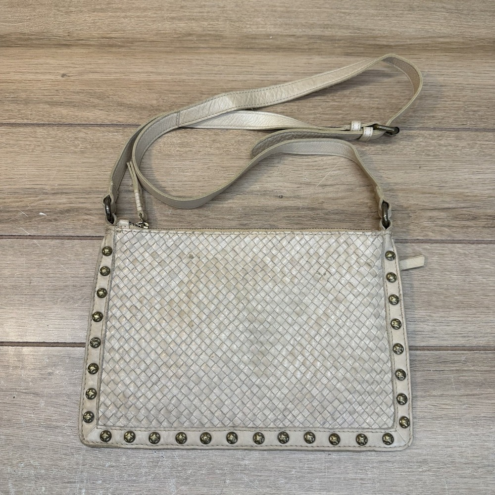 Wild West Los Angeles Cream Woven Leather Crossbody Bag Studded Boho Western